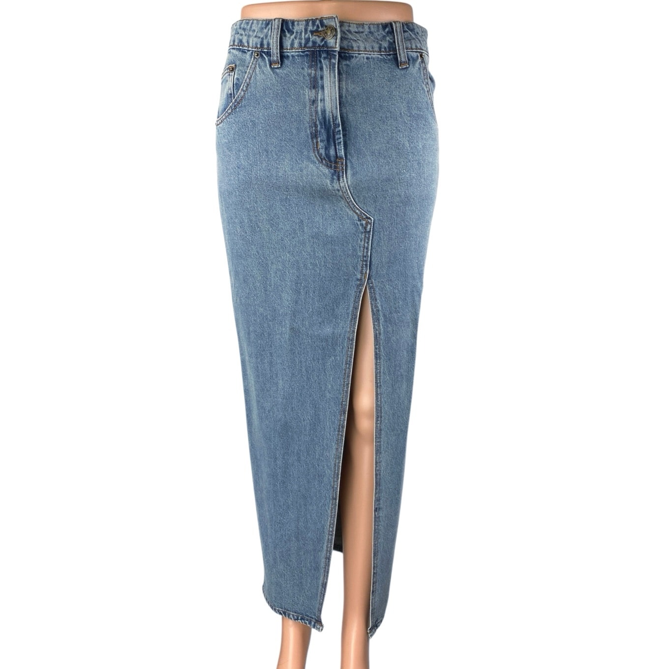Lioness Women's Blue Slit High Waisted Pencil Midi Denim Jeans Skirt Size Xs